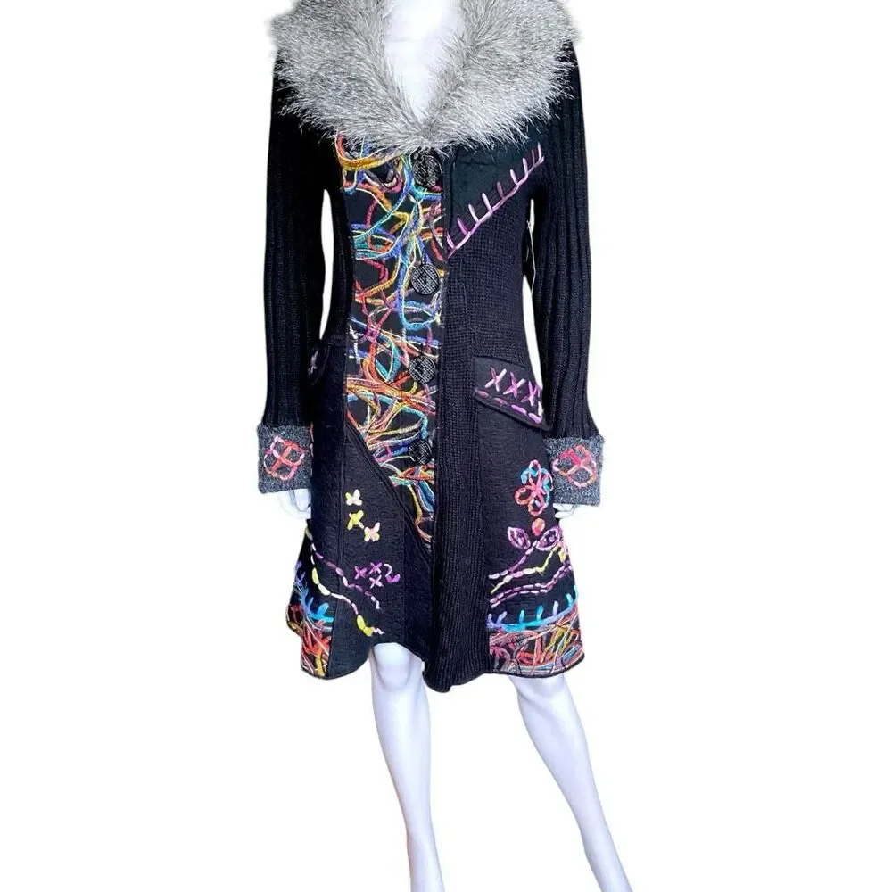 vintage whimsigoth embroidered fur cardigan